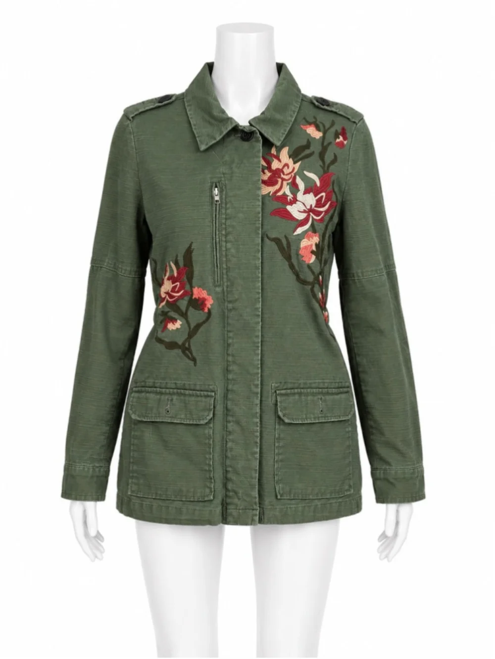 Christopher & Banks Army Green Embroidered Flowers Button Up Jacket Size small